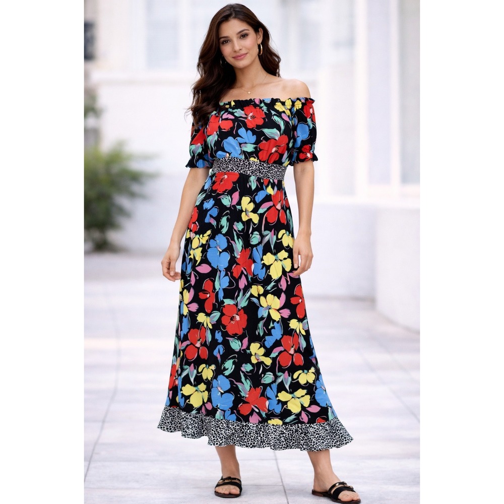 RIXO for Target Dress Women Size 0‎ Black Floral Off Shoulder Maxi Ruffle Boho
